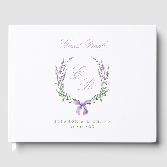 Lavender Wreath & Bow Monogram Wedding Guest Book (Front)