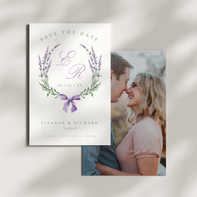 Lavender Wreath & Bow Monogram Wedding Photo Save The Date (Creator Uploaded)