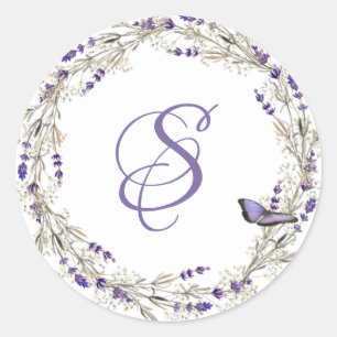 Lavender Wreath With Monogram Classic Round Sticker