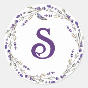 Lavender Wreath with Monogram Inital Classic Round Sticker
