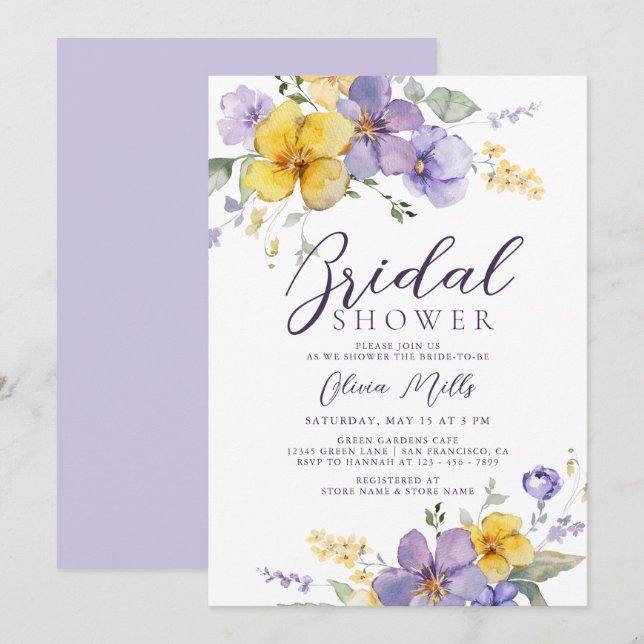 Lavender Yellow Dusty Purple Floral Bridal Shower Invitation (Front/Back)