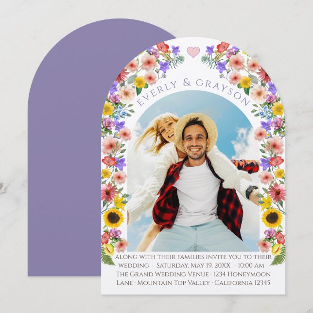 Lavender & Yellow Elegance Photo Arch Wildflower  Invitation (Front/Back)