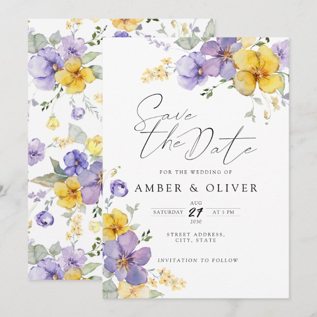 Lavender Yellow Floral Save The Date Invitation (Front/Back)