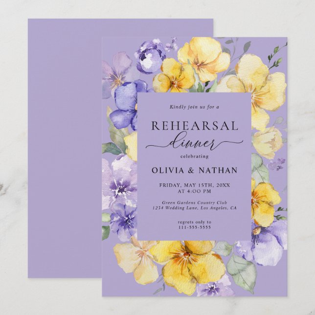 Lavender Yellow Flowers Spring Rehearsal Dinner Invitation (Front/Back)