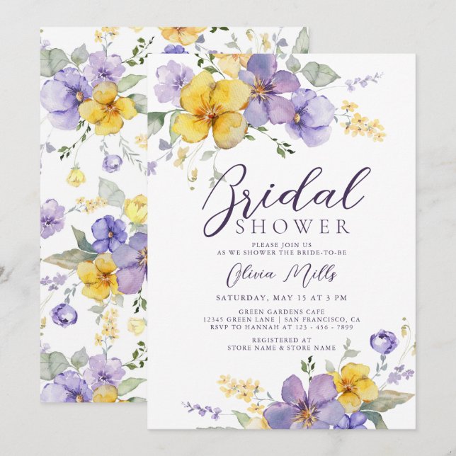 Lavender Yellow Lilac Purple Floral Bridal Shower Invitation (Front/Back)