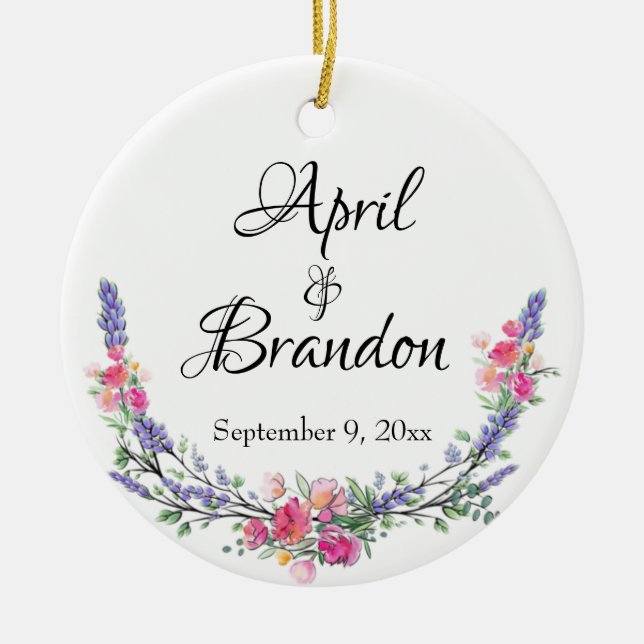 Lavender yellow-pink roses and Eucalyptus    Ceramic Tree Decoration (Front)