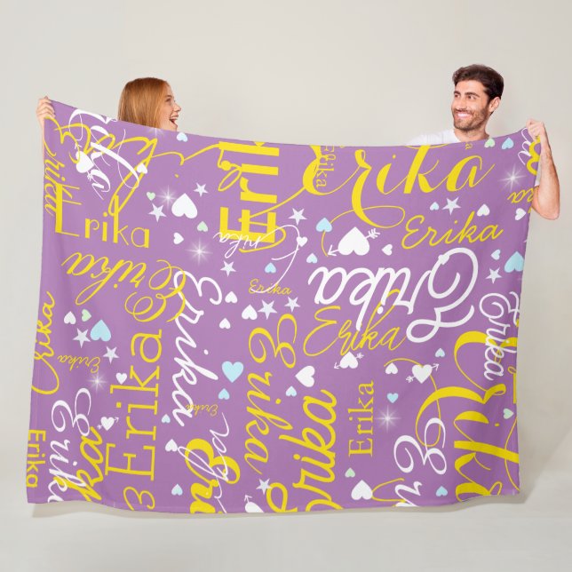 Lavender / Yellow Romantic Hearts Girly  Fleece Blanket (In Situ)