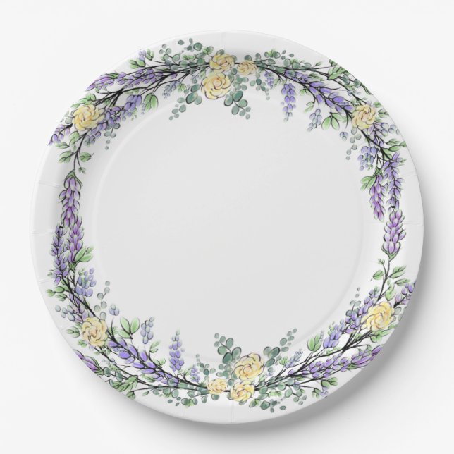 Lavender Yellow Rose and Eucalyptus Paper Plate (Front)