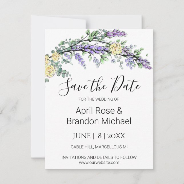 Lavender Yellow Roses Eucalyptus Save The Date (Front)
