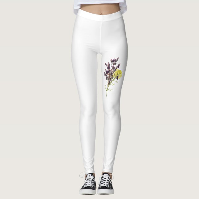 Lavender & Yellow Wildflower Botanical Design Leggings (Front)