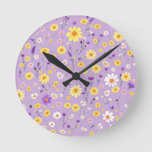 Lavender Yellow Wildflower Meadow Cottagecore Round Clock