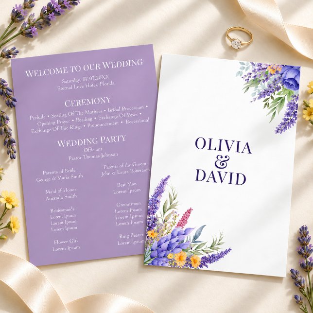 Lavender Yellow Wildflower Wedding Program Invitation (Boho Lilac Watercolor Wildflower Wedding Program)
