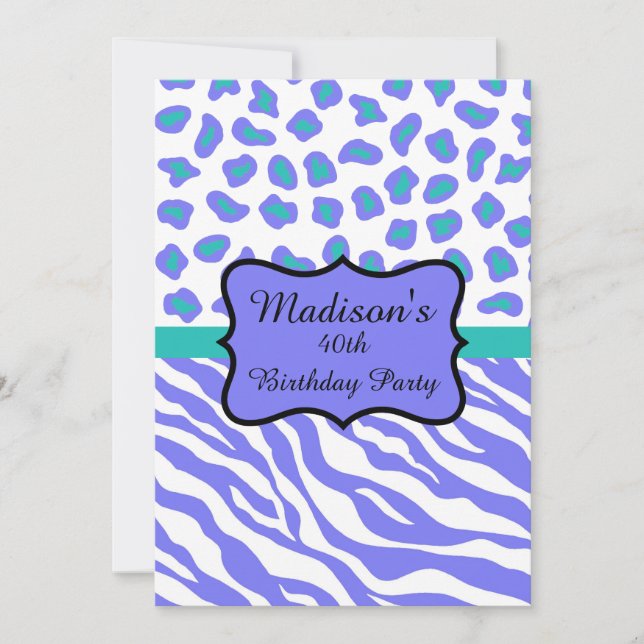 Lavender Zebra Leopard 40th Birthday Invitation (Front)