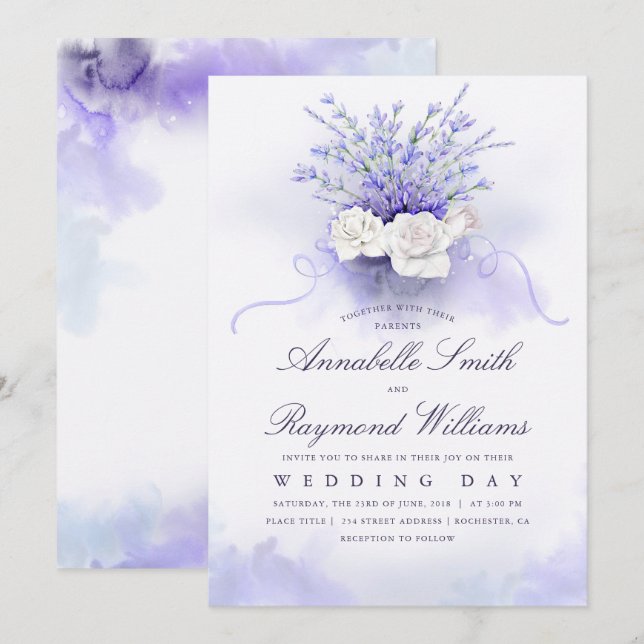 Lavenders and White Roses Bouquet Elegant Wedding Invitation (Front/Back)