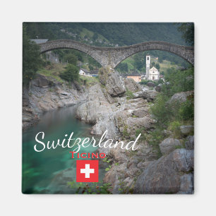 Lavertezzo bridge with flag, Switzerland Magnet