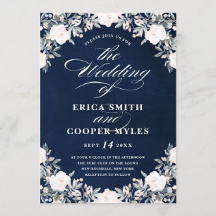 Lavish Classic Florals Dark Navy Blue   Wedding Invitation