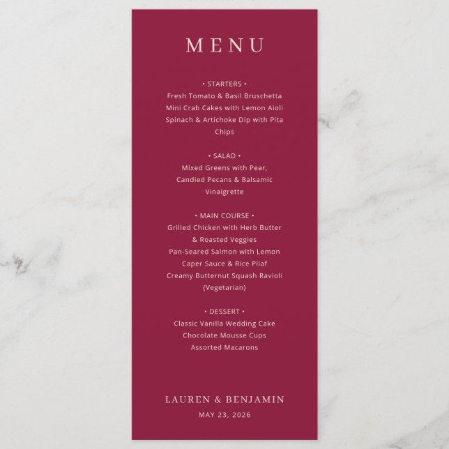 Lavish Crimson Blooms Wedding Menu (Front)