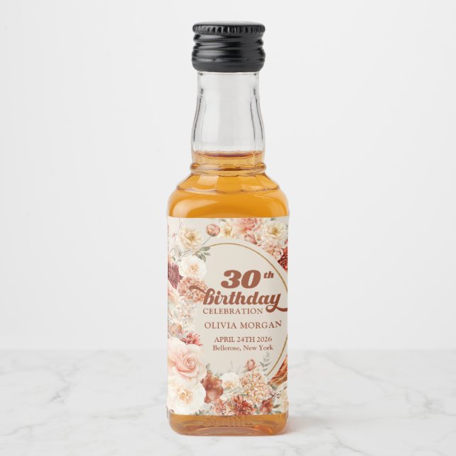 Lavish fall copper blush burgundy 30th birthday liquor bottle label (Front)
