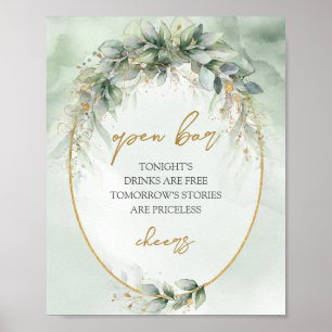 Lavish greenery foliage gold frame Open bar sign