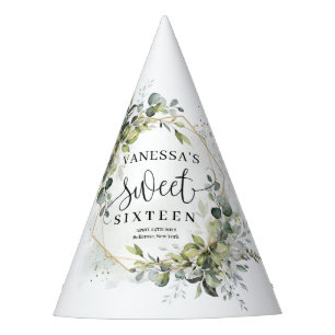 Lavish greenery foliage gold frame sweet 16th party hat