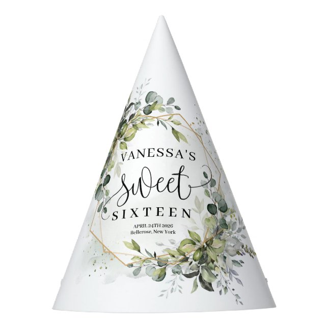 Lavish greenery foliage gold frame sweet 16th party hat (Front)