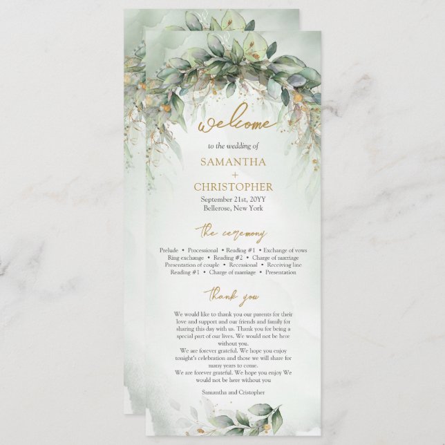 Lavish greenery foliage gold frame wedding program programme (Front/Back)