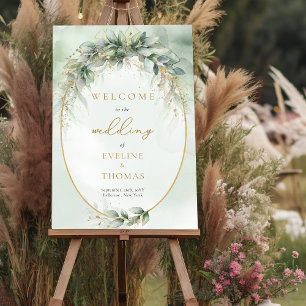 Lavish greenery foliage gold frame wedding Welcome Poster