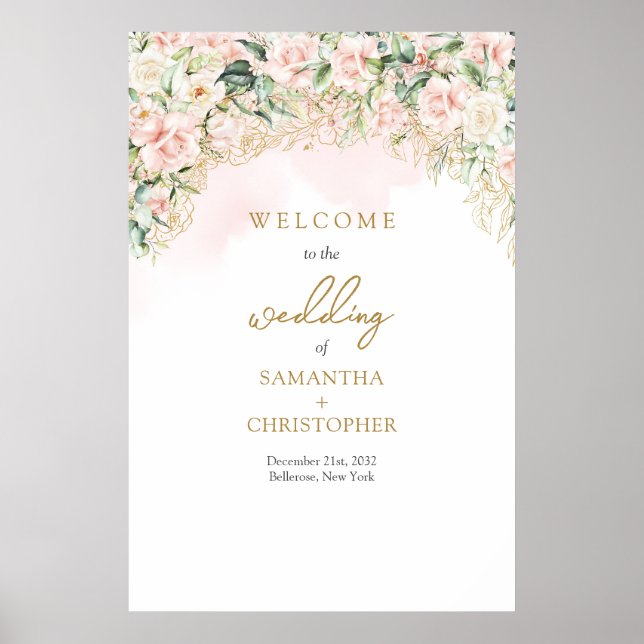 Lavish light pink roses gold green wedding Welcome Poster (Front)