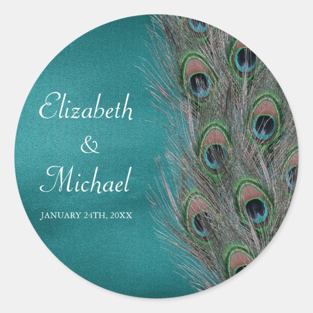 Lavish Peacock Feathers Round Wedding Favour Label (Front)