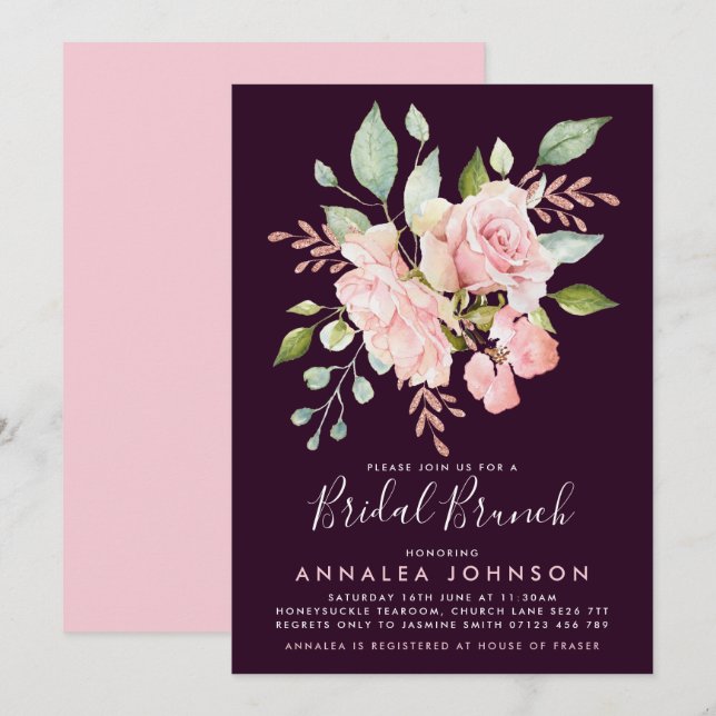 Lavish Pink  & Eggplant Roses Bridal Brunch Invitation (Front/Back)