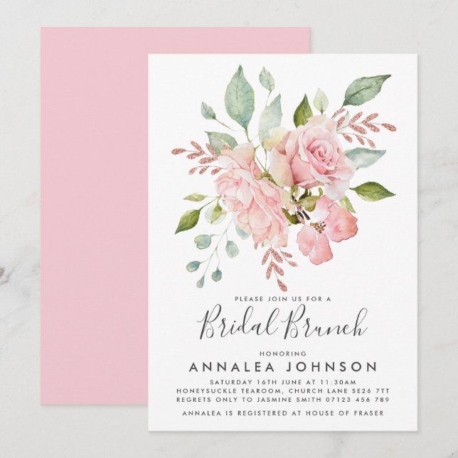Lavish Pink Roses Bridal Brunch Invitation (Front/Back)