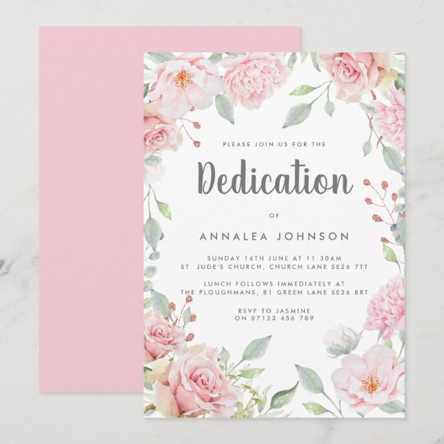 Lavish Pink Roses Dedication Invitation (Front/Back)