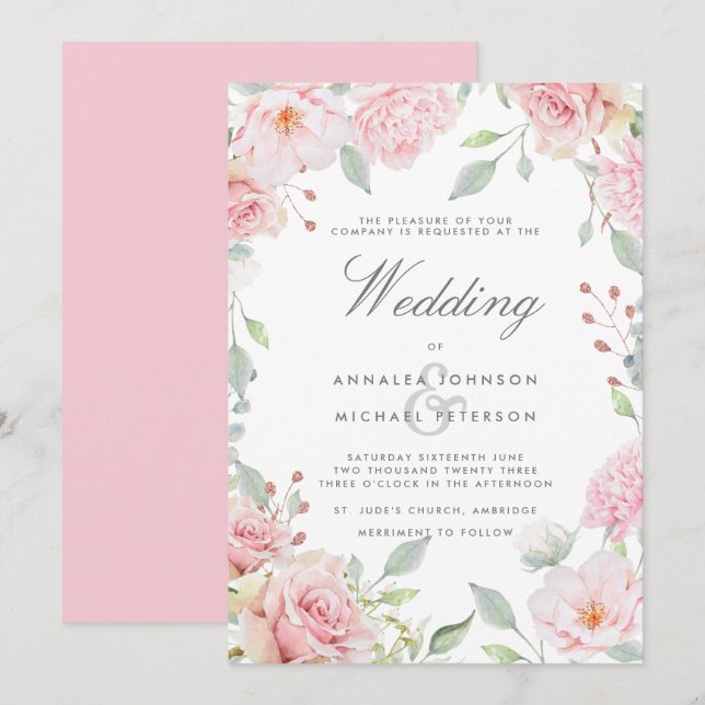 Lavish Pink Roses Frame Wedding Invitation (Front/Back)