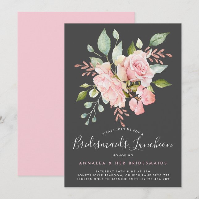 Lavish Pink Roses & Glitter Bridesmaids Luncheon Invitation (Front/Back)