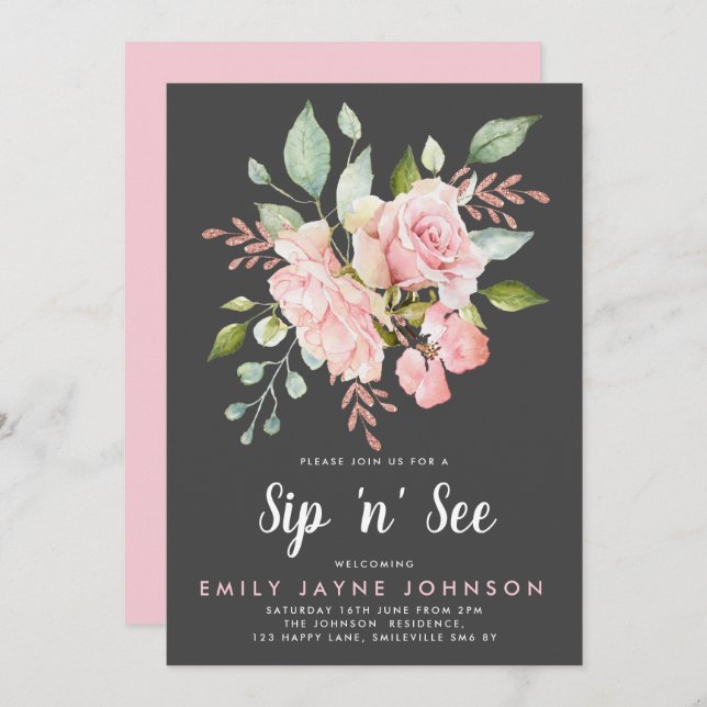 Lavish Pink Roses & Glitter Sip and See Invitation (Front/Back)