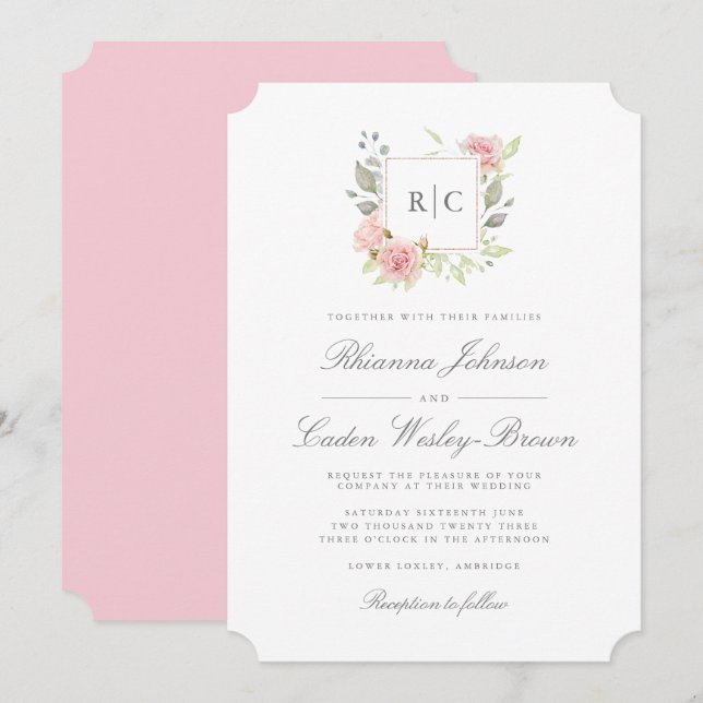 Lavish Pink Roses Monogram Frame Wedding Invitation (Front/Back)