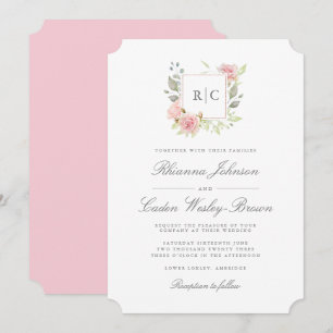 Lavish Pink Roses Monogram Frame Wedding Invitation