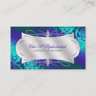Lavish Purple Turquoise Diamond Damask Swirl Business Card