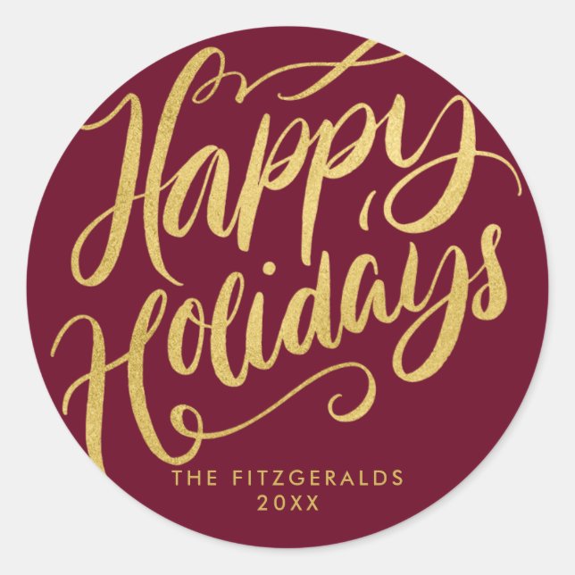 Lavish Script Happy Holidays Red & Faux Gold Classic Round Sticker (Front)