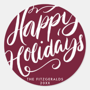 Lavish Script Happy Holidays Red & White Classic Round Sticker