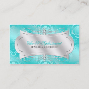 Lavish Teal Diamond Damask Swirl Business Card