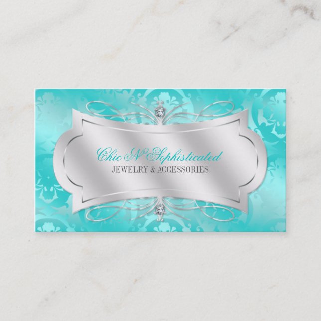 Lavish Teal Diamond Damask Swirl Business Card (Front)