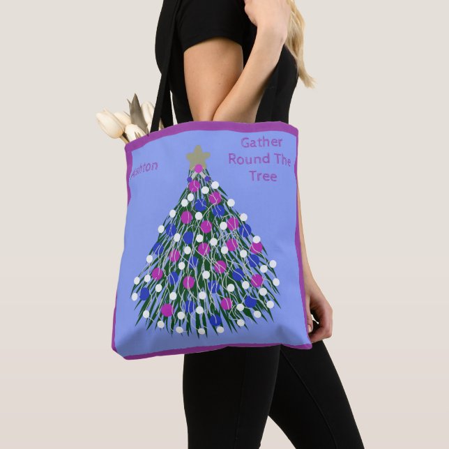 LavishlyOn Blue Purple Pink White Christmas Tree Tote Bag (Close Up)