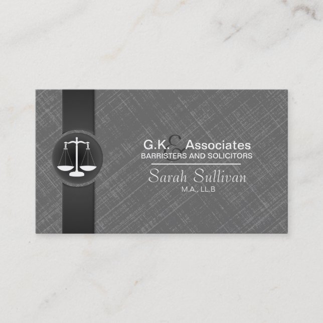 Law Business Card Grey Black Stylish Scale Justice (Front)