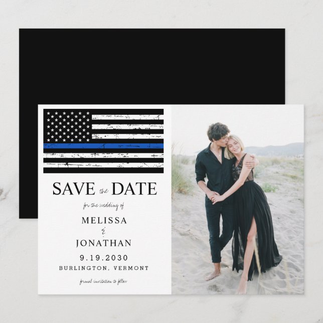Law Enforcement Police Blue Line Wedding Photo Save The Date (Front/Back)