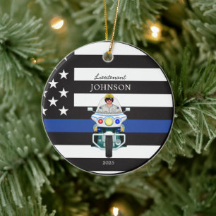 Law Enforcement Thin Blue Line Motorcycle Ceramic Tree Decoration