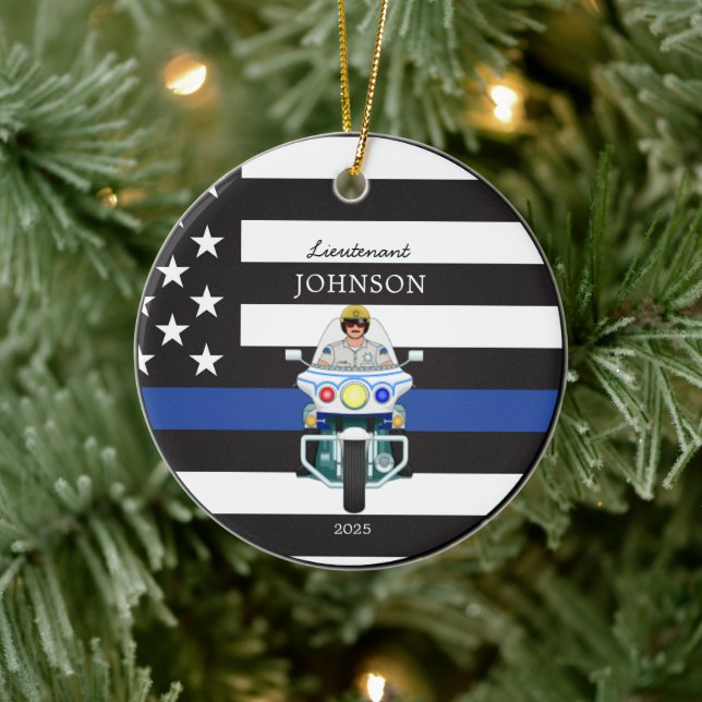 Law Enforcement Thin Blue Line Motorcycle Ceramic Tree Decoration (Tree)