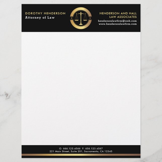 Law Firm Elegant Gold And Black Custom Letterhead (Front)