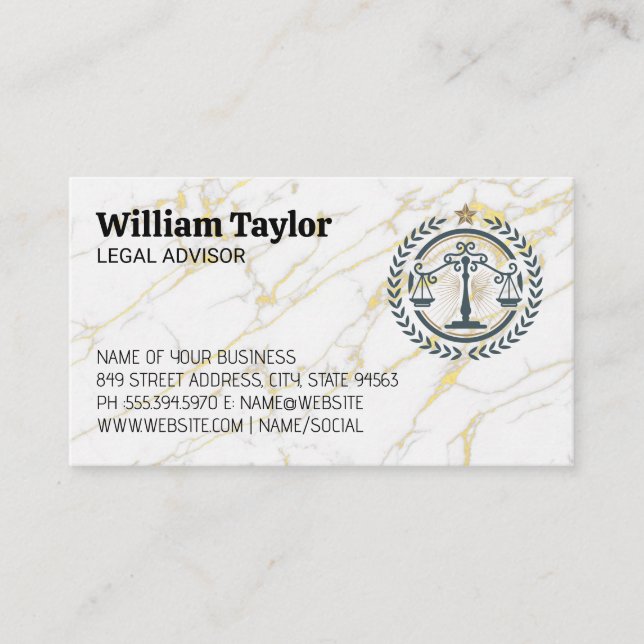 Law Justice Logo | Gold Marble  Business Card (Front)