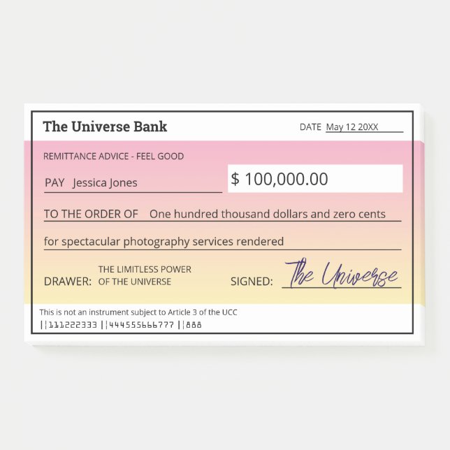 Law of Attraction Blank Check Pink Manifestation Post-it Notes (Front)